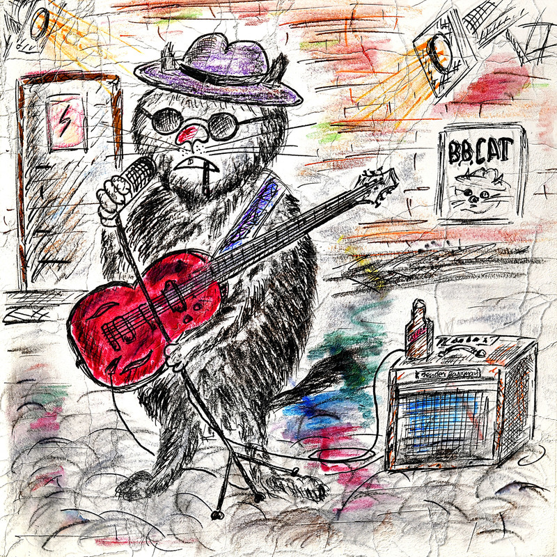 “B.B. Cat”. 30x30. Bourbon, charcoal, pencil, marker, digital and a bit of blues. Dusseldorf 2023. Limited framed print signed by the artist. “People all over the world have problems. And as long as people have problems, the blues can never die”. B. B. King. Well, believe it or not, cats have problems too. And when they do, they sing the blues. And humans think that they are just pointlessly miaowing. Well, as always, humans are wrong.