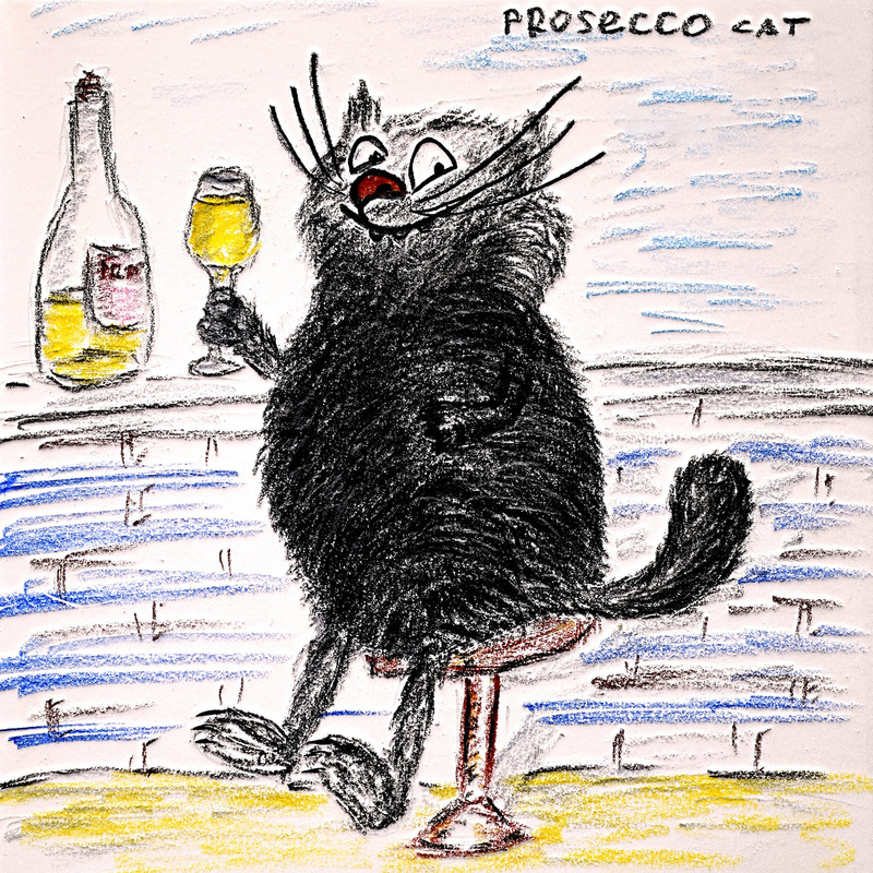“Prosecco Cat”. 30x30. Prosecco, charcoal, pencil, digital and summer vibe. Saint–Tropez 2022. Limited framed print signed by the artist. A certificate of artistic achievement Luxembourg Art Prize. Vacation in Saint–Tropez, 2022. The place where the great impressionists like Matisse, Cross and Van Rysselberghe created their masterpieces. Musee del’Annonciade where some of the masterpieces are exhibited. Expectation – get a lot of inspiration, paint day and night, and create a pointillist chef-d’œuvre. Reality – hanging by the bar at the beach making occasional drawings with an unsteady hand after a couple of proseccos. Just like this cat.
