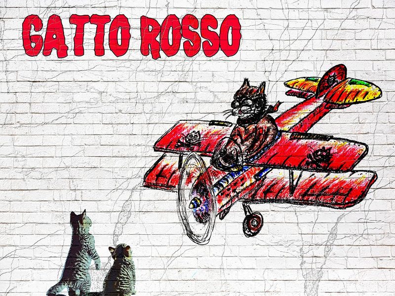 “Gatto Rosso”. 100x75. Acrylic, pencil, digital. Amsterdam 2023. Limited acrylic glass print signed by the artist.